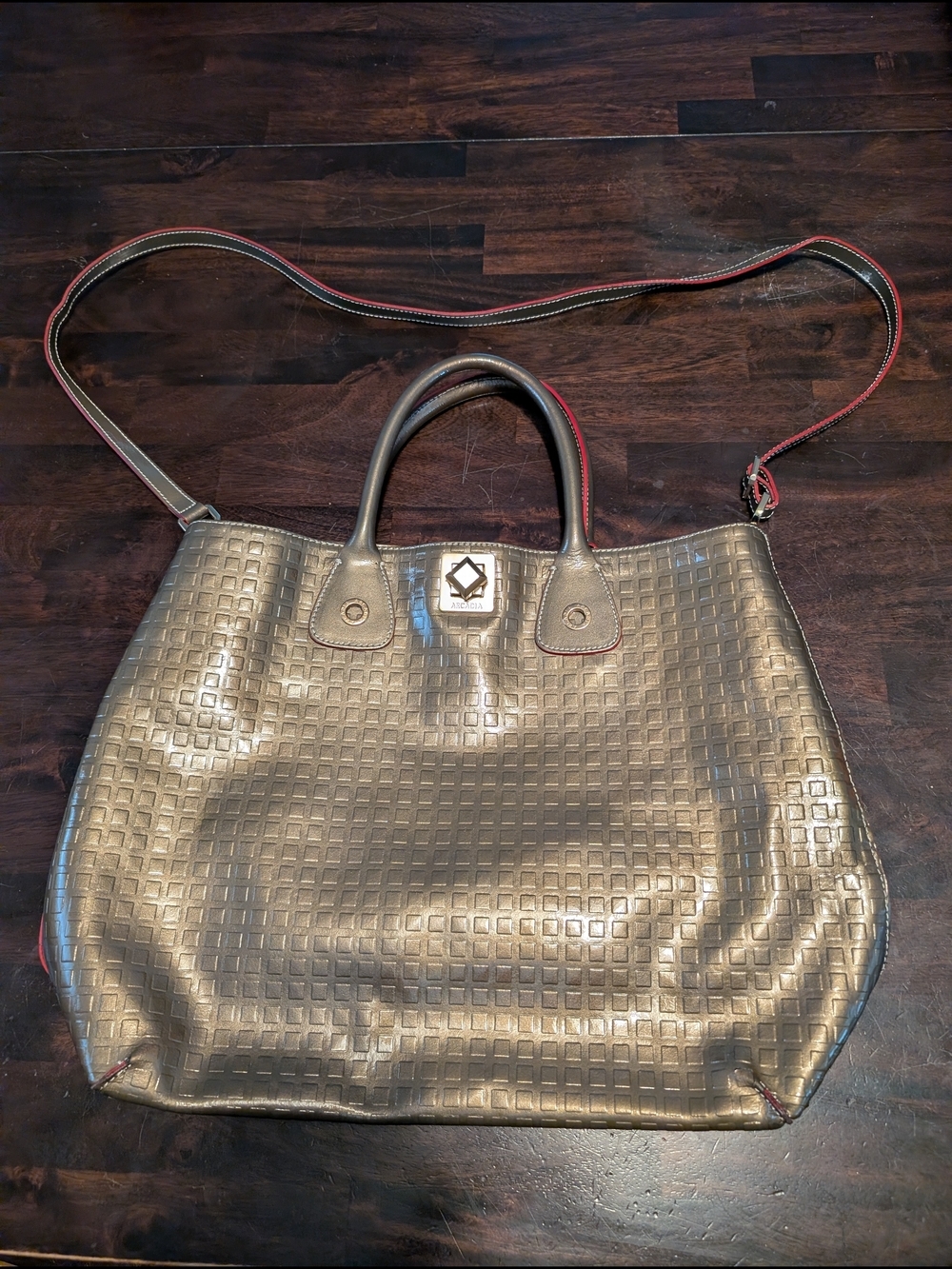 Arcadia Patent Leather Metallic Bronze Textured Tote Bag with Red-Trim